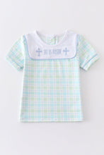 Blue easter plaid he is risen embroidery boy top - ARIA KIDS