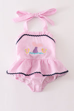 Pink seersucker mermaid embroidery girl swimsuit - ARIA KIDS