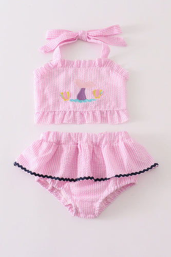 Pink seersucker mermaid embroidery 2pc girl swimsuit - ARIA KIDS