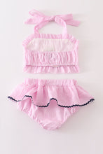 Pink seersucker mermaid embroidery 2pc girl swimsuit - ARIA KIDS