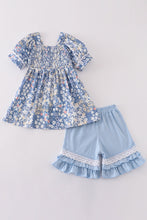 Blue delicate floral smocked girl set - ARIA KIDS