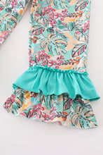 Teal floral print forest animal embroidery girl set