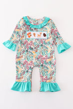 Teal floral print forest animal embroidery girl romper - ARIA KIDS