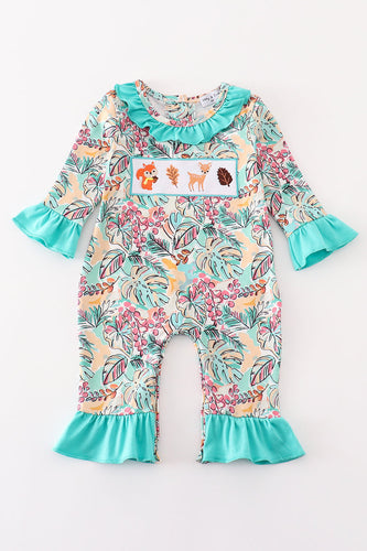 Teal floral print forest animal embroidery girl romper