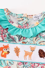 Teal floral print forest animal embroidery girl romper - ARIA KIDS