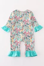 Teal floral print forest animal embroidery girl romper - ARIA KIDS