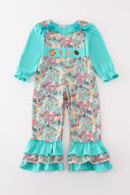 Teal floral print forest animal embroidery 2pc girl jumpsuit set - ARIA KIDS