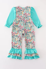 Teal floral print forest animal embroidery 2pc girl jumpsuit set - ARIA KIDS