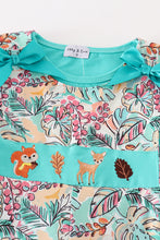 Teal floral print forest animal embroidery 2pc girl jumpsuit set - ARIA KIDS