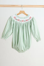 Green bow tie hand smocked gingham girl bubble - ARIA KIDS