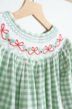 Green bow tie hand smocked gingham girl bubble - ARIA KIDS