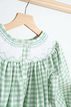 Green bow tie hand smocked gingham girl bubble - ARIA KIDS