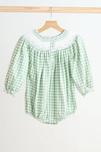 Green bow tie hand smocked gingham girl bubble - ARIA KIDS