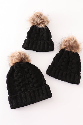 Black pompom cable beanie - ARIA KIDS