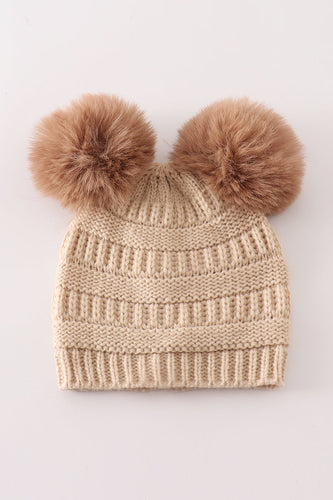 Beige double pompom cable beanie - ARIA KIDS