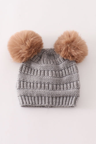 Light grey double pompom cable beanie - ARIA KIDS