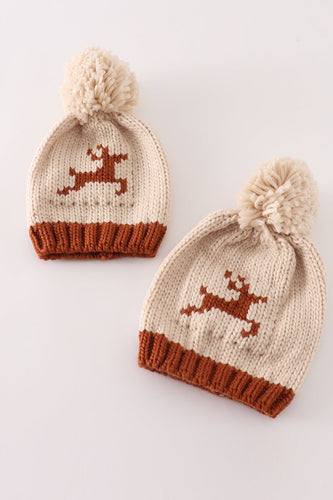 Beige pompom reindeer cable beanie - ARIA KIDS