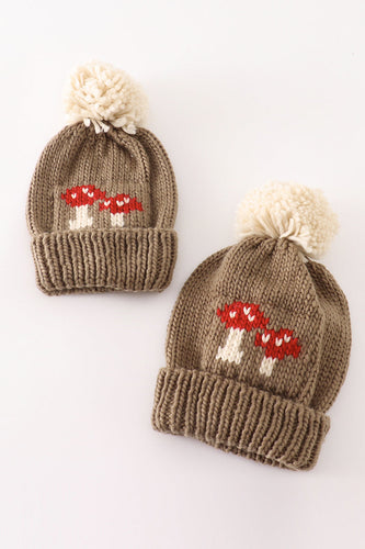 Brown pompom mushroom cable beanie - ARIA KIDS