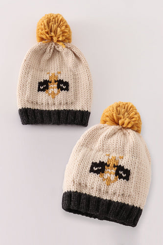 Beige pompom bee cable beanie - ARIA KIDS