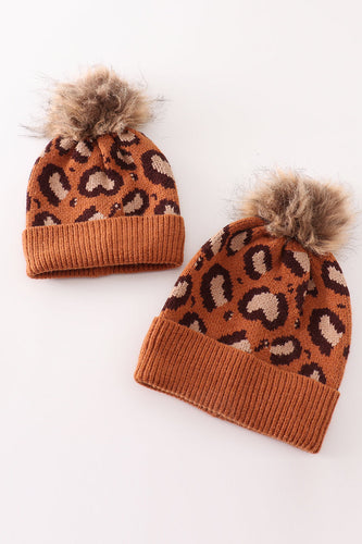 Brown pompom leopard cable beanie - ARIA KIDS