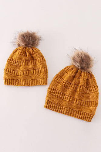 Mustard pompom cable beanie - ARIA KIDS