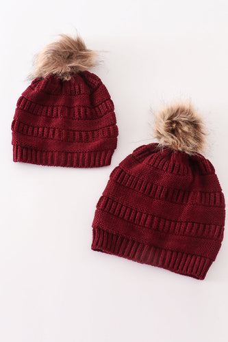 Burgundy pompom cable beanie - ARIA KIDS