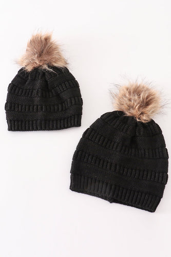 Black pompom cable beanie - ARIA KIDS