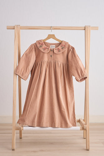 Beige floral embroidery velveteen girl dress - ARIA KIDS