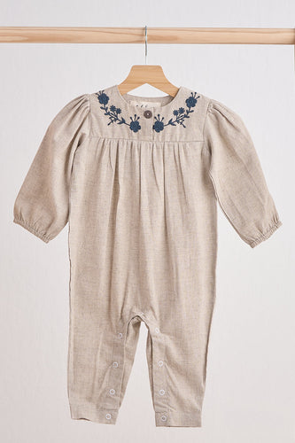 Grey floral embroidery linen girl romper