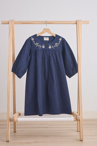 Navy floral embroidery linen girl dress - ARIA KIDS