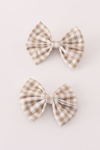 Khaki gingham piggie hair bow - ARIA KIDS