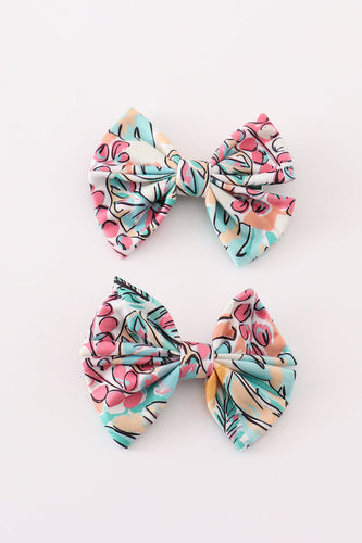 Teal floral print piggie hair bow - ARIA KIDS