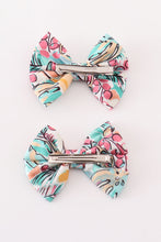 Teal floral print piggie hair bow - ARIA KIDS