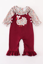 Maroon thanksgiving turkey applique floral girl romper set - ARIA KIDS