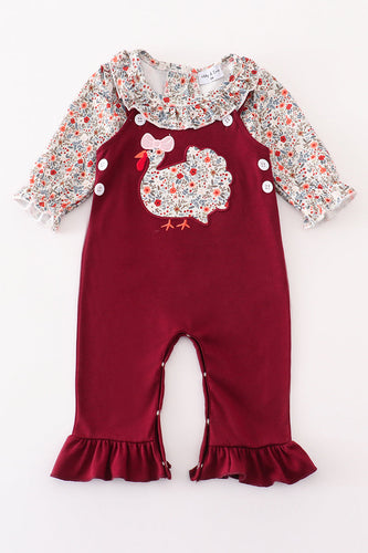 Maroon thanksgiving turkey applique floral girl romper set - ARIA KIDS