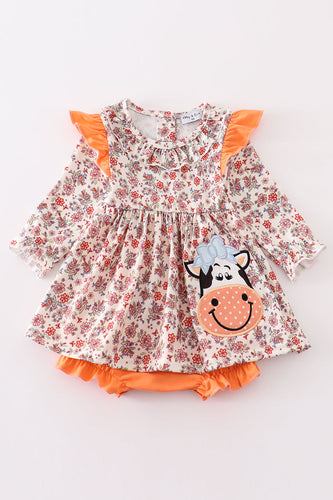 Coral floral cow applique girl bubble - ARIA KIDS