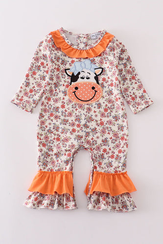 Coral floral cow applique girl romper - ARIA KIDS