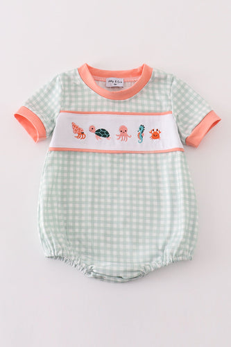 Coral & sage marine creature embroidery boy bubble - ARIA KIDS