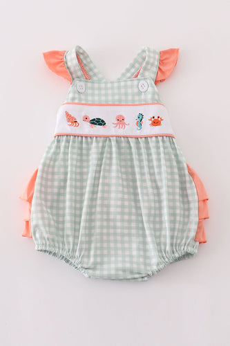 Coral & sage marine creature embroidery girl bubble - ARIA KIDS