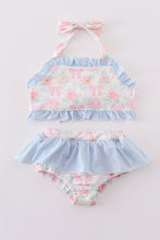 Pink floral bow print 2pc girl swimsuit