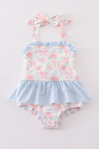 Pink floral bow print girl swimsuit