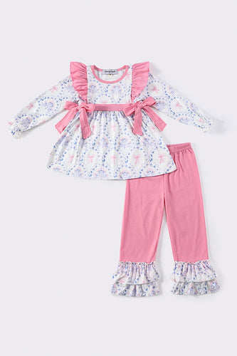 Pink bow floral print girl pants set - ARIA KIDS