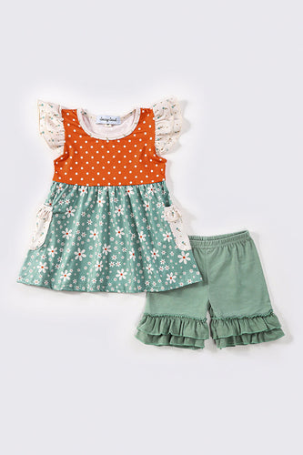 Green floral print girl shorts set