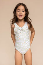 Green daisy print tie one piece girl swimsuit - ARIA KIDS