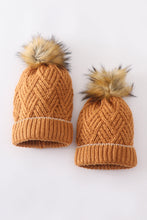 Camel cross cable knit pom pom beanie hat baby toddler adult - ARIA KIDS